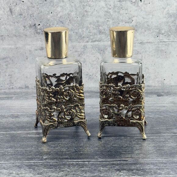 Vintage Perfume‎ Holder Jars Metal Bottles 2pc - Picture 2 of 10